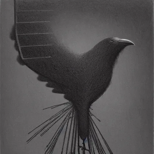 Prompt: industrial drawing of a crow, made of engrenage by zdzisław beksinski