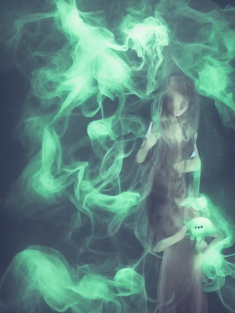 Image similar to cute fumo plush smiling ectoplasmic gothic macabre green jellyfish ghost girl, glowing milky wisps of hazy smoke and volumetric fog, lens flare, vignette, bokeh, refraction, vray