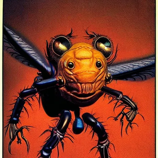 Prompt: giant humanoid fly against dark background, fluid, smooth, organic, crazy, high contrast, sharpness, dramatic, very detailed, intricate, by siudmak and richard corben and moebius