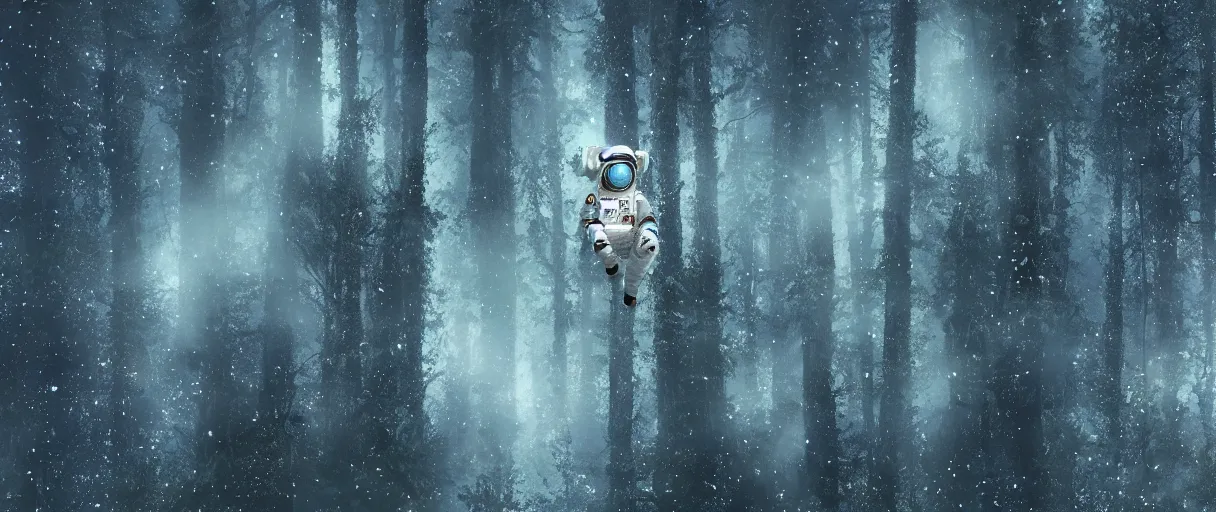 Image similar to close - up portrait of space astronaut with white spacesuit flying inside siberian big green pines snow forest, close - up helmet. small foggy and gloomy, blue lights, bokeh background, close - up shot, highly detailed science fiction illustration by jeremy geddes. photorealistic, octane render, hyper detailed, 8 k, movie still, artstation, unreal engine