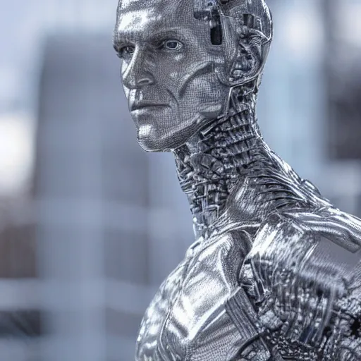 Image similar to made of ice, a realistic detailed photo of a guy who is an attractive humanoid who is half robot and half humanoid, who is a male android, on display, blank stare, showing off his muscles, shiny skin, posing like a statue, by the pool, frozen ice statue, twitch streamer / gamer ludwig, humanoid robot