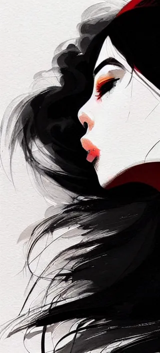 Image similar to profile view closeup!! of thick smoke from the lips of a young filipino woman, closeup, thick swirling smoke, by conrad roset, long paint brush strokes, dramatic lighting, painting trending on artstation