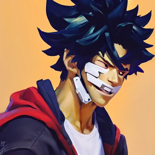 Image similar to greg manchess portrait painting of izuku midoriya as overwatch character, medium shot, asymmetrical, profile picture, organic painting, sunny day, matte painting, bold shapes, hard edges, street art, trending on artstation, by huang guangjian and gil elvgren and sachin teng