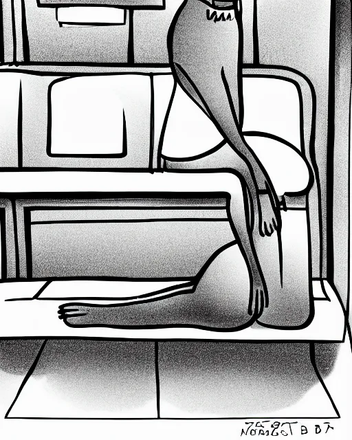 Image similar to a cat seated on the subway, sitting with legs crossed, cross-legged. Minimalist with a White background. New Yorker cartoon. B&W. Black and white.