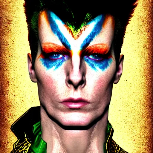 Image similar to film still photo portrait mugshot of ziggy stardust as a jojo bizarre adventure character, realistic, hyperrealistic, 8 k resolution, hd quality, very detailed, highly detailed, intricate details, real life, real world, trending on artstation, digital art, really realistic, very realistic, headshot, head in frame, photograph, portrait, mugshot