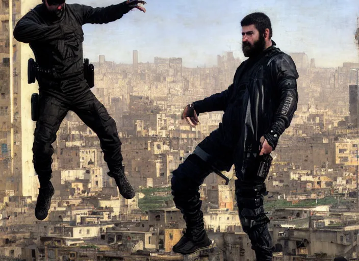 Image similar to Greg evades sgt Nash. Cyberpunk hacker in jumpsuit escaping menacing police troopers (blade runner 2049). bearded face. rooftop free running. Iranian orientalist portrait by john william waterhouse and Edwin Longsden Long and Theodore Ralli and Nasreddine Dinet, oil on canvas. Cinematic, hyper realism, realistic proportions, dramatic lighting, high detail 4k