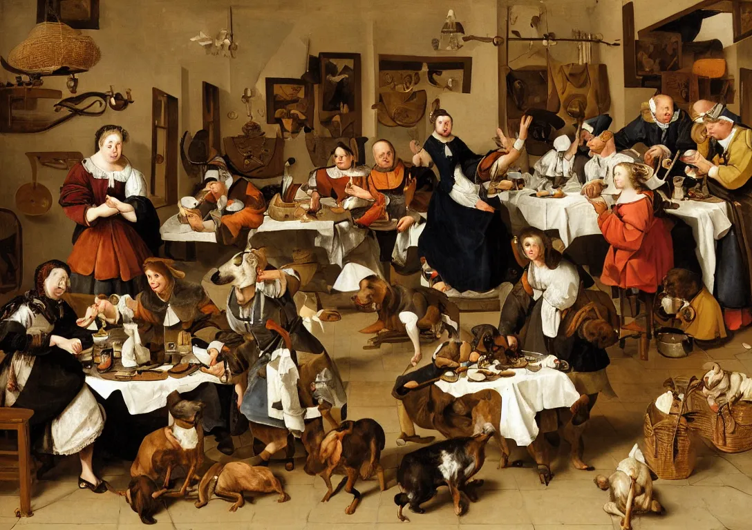 Prompt: Jan Steen arranges the various actors as though on a theatre stage. The gentle depth of the composition is based on a triangle, with the magnificently beautifully dressed young woman at its front. The charming lady of the house, has fallen asleep at the table on the left. The dog is finishing the meat pie that was served on the table, one of the children is filching something from the cabinet on the wall, the little girl’s brother is trying out a pipe, and the youngest child, sitting in his highchair, is playing carelessly with a string of pearls. His attention diverted to the side, a young man is trying to play a violin. On the right side the doorway leads to another room, but is obstructed with a pig. Daylight coming from a window on the left. Hyperrealistic, detailed. Close shot. Very detailed faces.