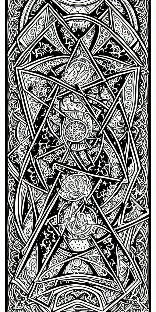 Image similar to a beautiful black and white fractal tarot card featuring bold occult imagery with clean lines. 👹. detailed adult coloring book