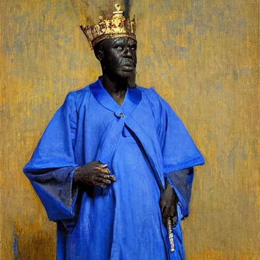 Prompt: king of dahomey in blue robes, 1905, highly detailed, oil on canvas, by ilya repin