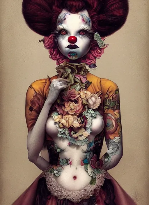 Prompt: pop surrealism, lowbrow art, realistic clown painting, japanese street fashion, hyper realism, muted colours, rococo, natalie shau, loreta lux, tom bagshaw, mark ryden, trevor brown style,