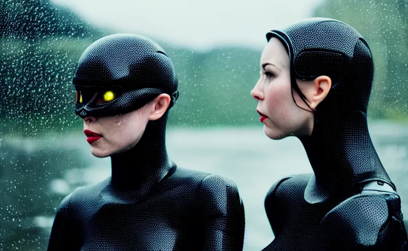 Image similar to cinestill 5 0 d candid action photographic portrait by quentin tarantino of two loving female androids wearing rugged black mesh techwear in treacherous waters, extreme closeup, modern cyberpunk tesla retrofuturism moody emotional cinematic, pouring iridescent rain, 8 k, hd, high resolution, 3 5 mm, f / 3 2, motion blur, ultra realistic faces, ex machina