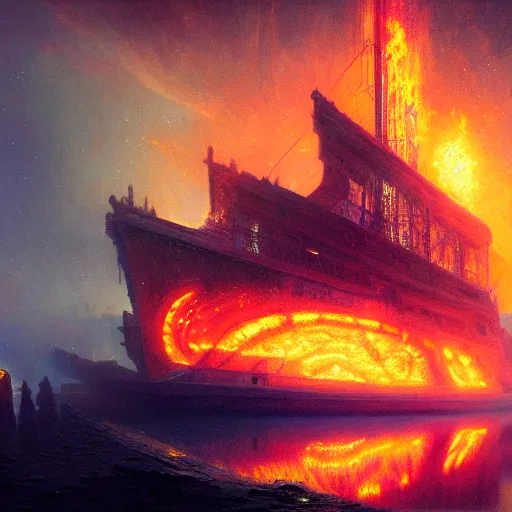 Image similar to UHD photorealistic Cosmic Ghost ship in a radioactive lake of fire, in the style of tonalism by Greg Rutkowski, trending on Artstation, hyperrealistic, correct details