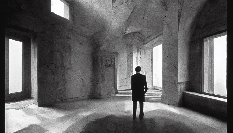 Prompt: 1 9 7 0 s andrei tarkovsky movie still of a man in red drapery in esoteric architecture, by piranesi, panoramic, ultra wide lens, cinematic light, anamorphic