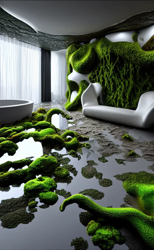 Image similar to highly detailed ultra sharp 3 d render villa interior cinematic composition of a smooth ceramic porcelain biomorphic magnolia stone nebula fluid fractal sci - fi surreal architecture landscape, granite, metallic, magnesium, marble, moss and lichen, vincent callebaut composition, mamou - mani, archviz, beautiful lighting, 8 k, unreal engine, hdr,