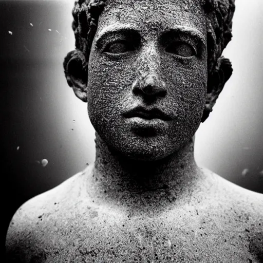 Image similar to Award-winning photograph by Paul Strand. The photo depicts a decaying roman bust of Mark Zuckerberg overgrown with moss at the bottom of the sea in the middle of ruins of civilization. Ruins. Minimalism, high definition, perfect composition. Deep sea picture. Very dark. Volumetric Lighting. Fish. Darkness. Ruins