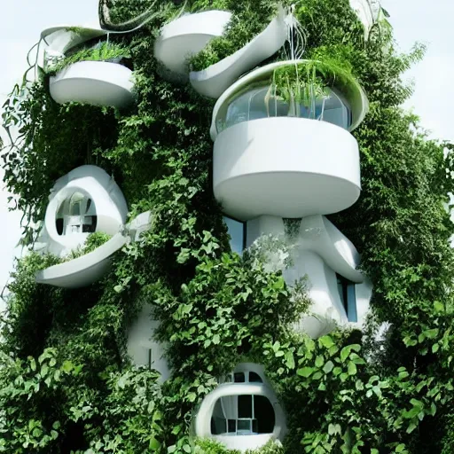 Image similar to white futuristic mage house covered in plants, hanging vines, floating on a cloud