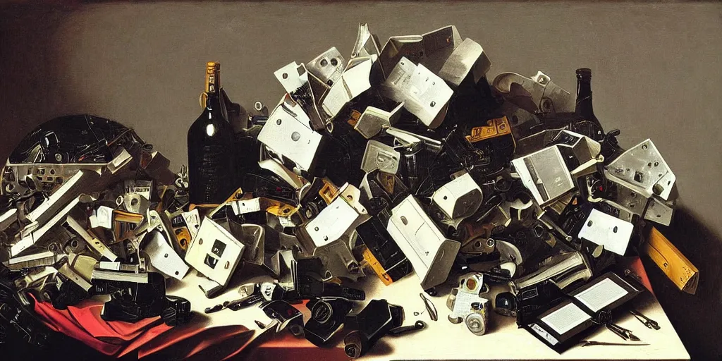 Prompt: a still life painting made of computer parts styled by caravaggio