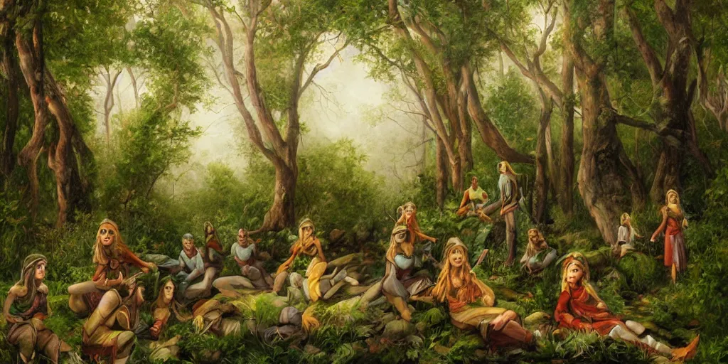 Prompt: painting of elves in a beautiful forest landscape