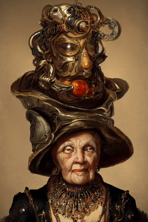 Prompt: portrait, headshot, digital painting, of a old 17th century, old lady cyborg merchant, amber jewels, baroque, ornate clothing, scifi, futuristic, realistic, hyperdetailed, chiaroscuro, concept art, art by frans hals