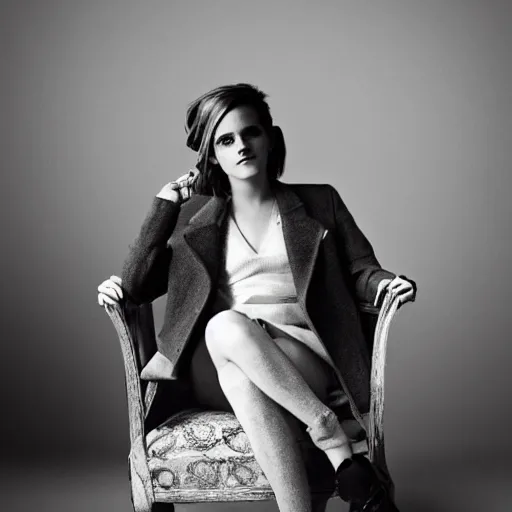 Prompt: Emma Watson sitting in chair for GQ, XF IQ4, 150MP, 50mm, f/1.4, ISO 200, 1/160s, natural light, Adobe Photoshop, Adobe Lightroom, DxO Photolab, Corel PaintShop Pro, rule of thirds, symmetrical balance, depth layering, polarizing filter, Sense of Depth, AI enhanced, HDR