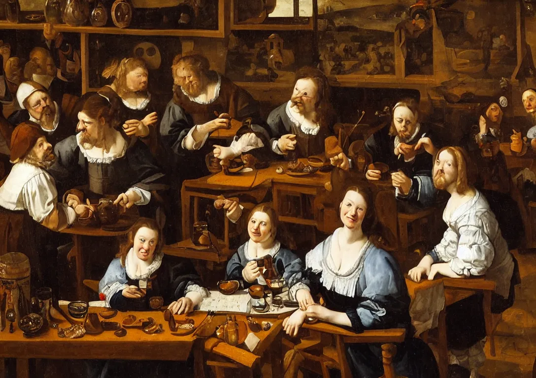 Prompt: Jan Steen. One Beautiful woman big in the center looking at us. Pig, dog, duck, window. Netherlands tavern, low ceiling, small chamber. Hyperrealistic, ultra detailed, 80mm, museum, artwork. Empty. Daylight.