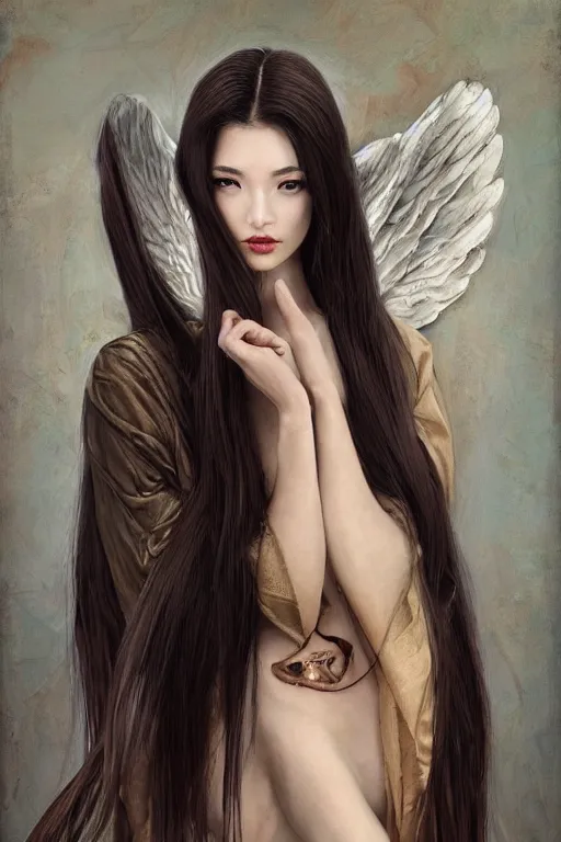 Prompt: a professional painting of a beautiful fallenangel geisha , olive skin, long dark hair, beautiful bone structure, symmetrical facial features, intricate, elegant, digital painting, concept art, smooth, sharp focus, illustration, by Ruan Jia and vitaly bulgarov and andrew nash and and Mandy Jurgens and musha and Artgerm and William-Adolphe Bouguerea