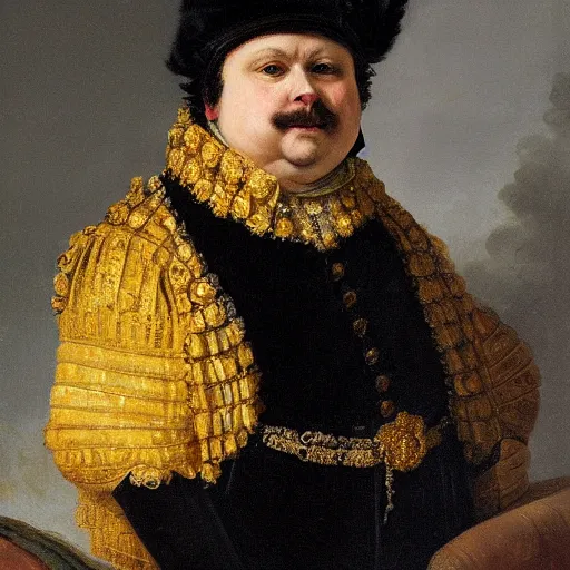 Prompt: oil painting of a fat fully black cat as emperor napoleon, intricate, by Rembrandt van Rijn