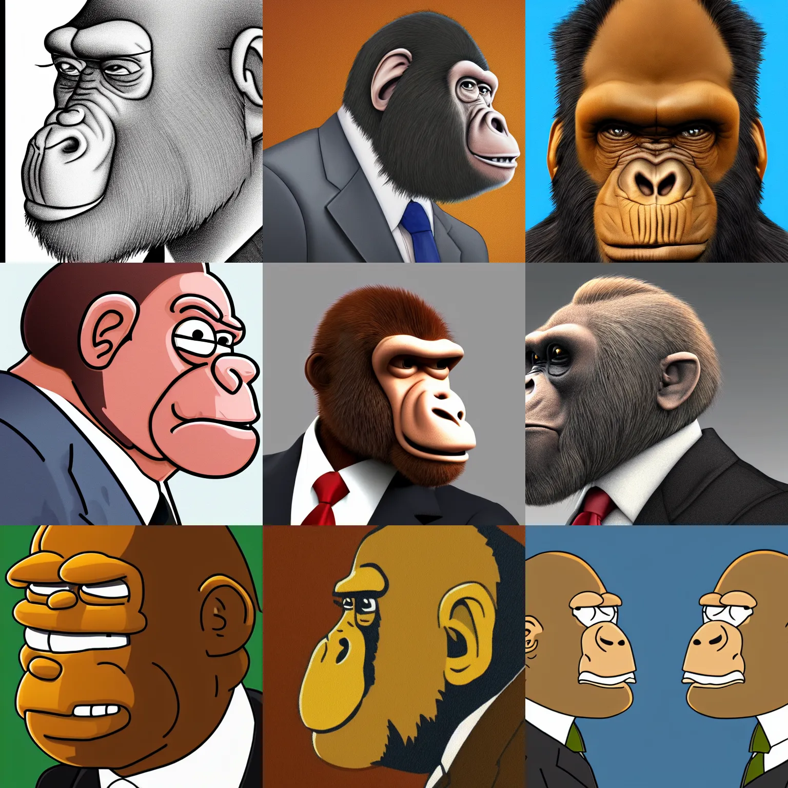 Prompt: portrait of an ape in a business suit, side profile, highly detailed, simpsons style