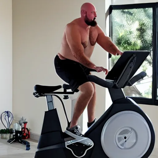 Prompt: ethan van sciver with a bald head and grey trimmed beard working out vigorously on his peloton exercise bike