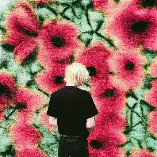 Prompt: kodak portra 4 0 0 photograph of a skinny blonde goth guy standing in front of floral wall, back view, moody lighting, telephoto, 9 0 s vibe, blurry background, vaporwave colors, faded!,