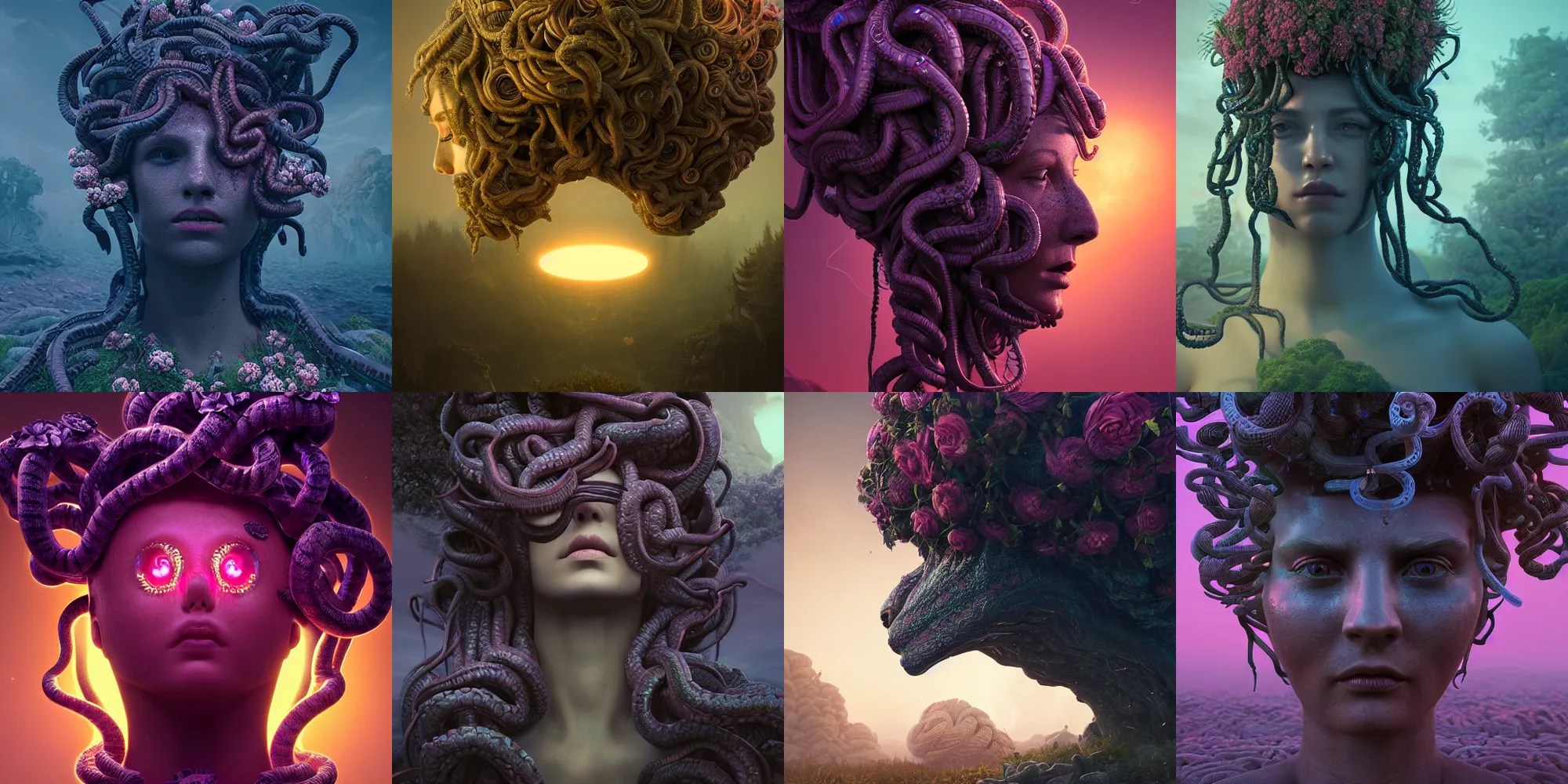Prompt: beautiful dark landscape, highly detailed medusa gorgon head, beautiful flowers growing in the style of beeple and mike winkelmann, intricate, epic lighting, cinematic composition, hyper realistic, 8 k resolution, unreal engine 5,
