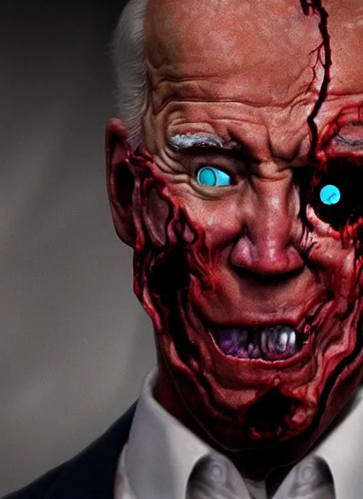 Image similar to hyper realistic terror photo Doom horror furious glowing red eyes biden