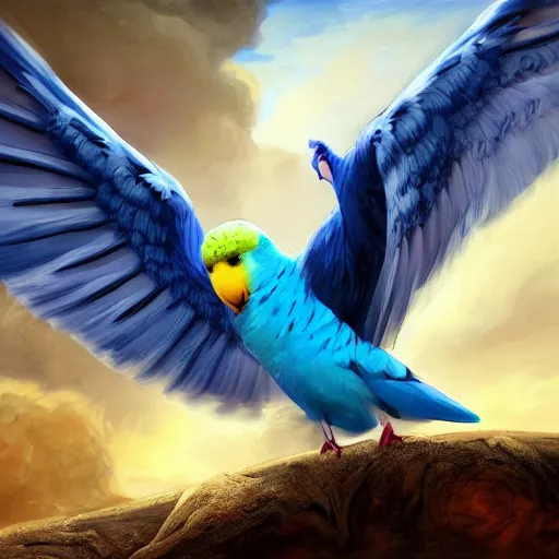 Image similar to an oil painting of a blue budgie with dragon wings, hd, hdr, ue 5, ue 6, unreal engine 5, cinematic 4 k wallpaper, 8 k, ultra detailed, high resolution, artstation, award winning