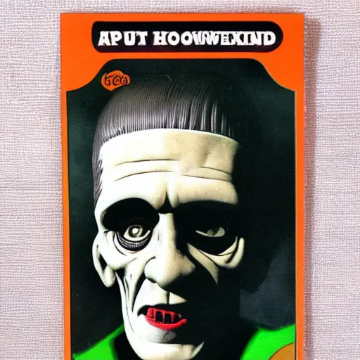 Prompt: Topps Collectable Card, Retro, Frankenstein, Holographic, 3D , Halloween Scene