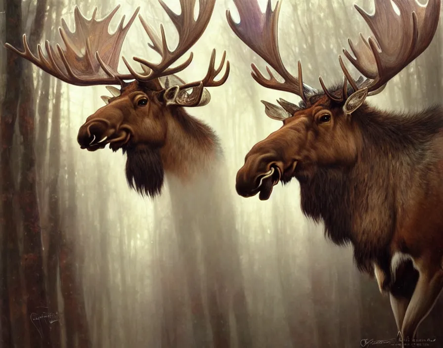 Image similar to a beautiful and very detailed painting of great ethereal moose with silver antlers by artgerm and greg rutkowski and alphonse mucha, 8 k