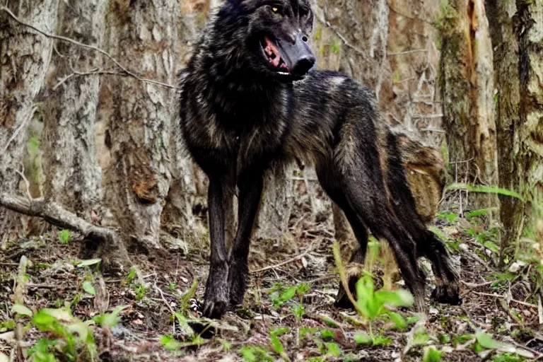 Prompt: ! human wolf crow werecreature, photograph captured at woodland creek