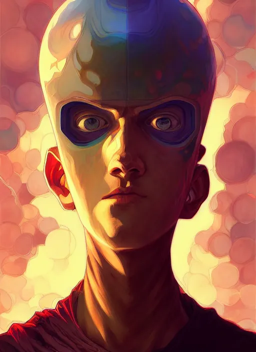 Image similar to handsome genos, half body shot, path traced, highly detailed, high quality, digital painting, alena aenami, lilia alvarado, shinji aramaki, karol bak, alphonse mucha, tom bagshaw