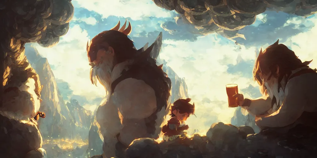 Image similar to a dwarf and a dragon drinking a beer together | gapmoe kuudere moody lighting stunning bokeh highlights sharp contrast | trending pixiv fanbox | by greg rutkowski makoto shinkai takashi takeuchi studio ghibli