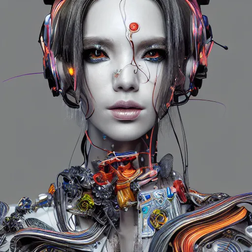 Image similar to the portrait of an absurdly beautiful, graceful, elegant, sophisticated, fashionable cyberpunk gravure idol, an ultrafine hyperdetailed illustration by kim jung gi, irakli nadar, intricate linework, bright colors, porcelain skin, unreal engine 5 highly rendered, global illumination, radiant light, detailed and intricate environment