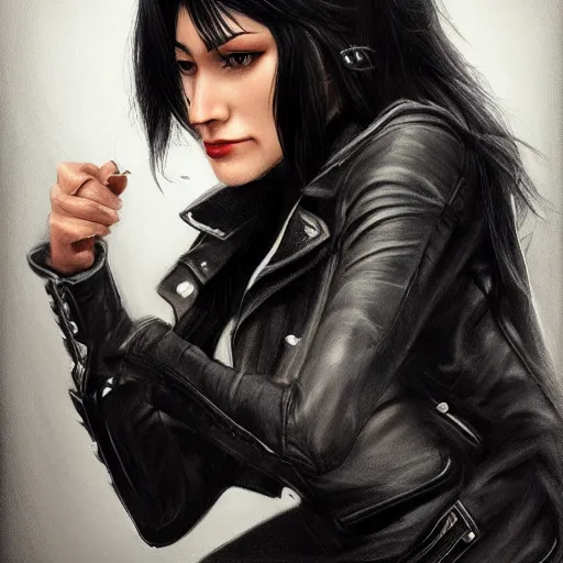 Image similar to a woman with black hair and a leather jacket and a grey shirt, sitting on a chair in a run down hotel room upset, muscular upper body, abs, gritty, d & d, fantasy, intricate, elegant, highly detailed, digital painting, artstation, smooth, sharp focus, illustration, unreal engine 5, face enhance, masterpiece