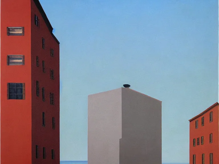 Prompt: endless buildings blending into doors painting by rene magritte, high detail, high resolution