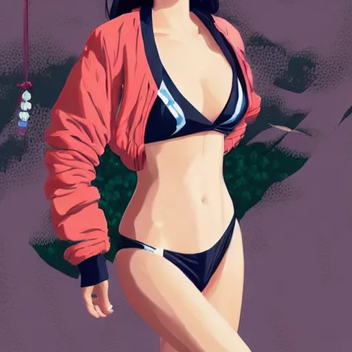 Image similar to a beautiful young japanese natalie portman alluring gravure model, stylized concept art, wearing elegant designer bomber jacket and one piece bikini, bomber jacket with mesoamerican patterns, mesoamerican native street fashion, princess mononoke, painted by ilya kuvshinov aesthetic, gorgeous, stunning, alluring, attractive, artstation, pinterest, digital art