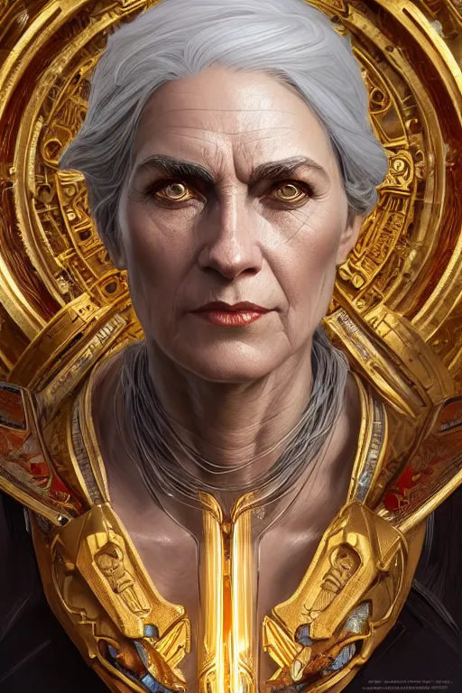 Image similar to portrait of a middle aged grey haired woman in the style of god of war, golden machine parts, intricate, elegant, highly detailed, digital painting, artstation, concept art, smooth, sharp focus, illustration, art by artgerm and greg rutkowski and alphonse mucha, 8 k