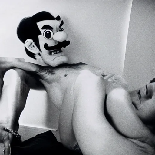 Image similar to “1980s film photo of waluigi in a boudoir photoshoot, 4k, dramatic lighting”