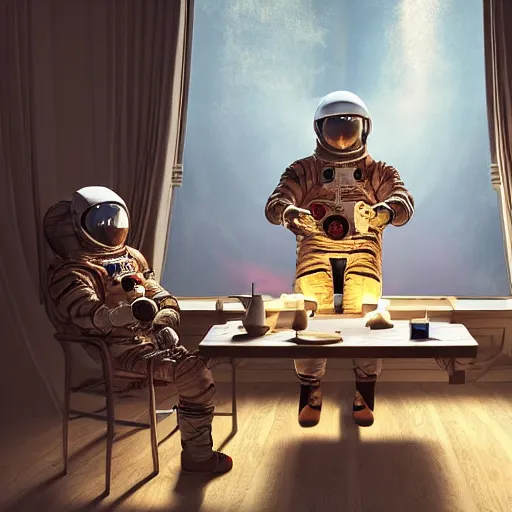 Image similar to 3 cosmonauts in a spacesuit drinks a steaming cup of tea at an old wooden desk in a richly decorated victorian house. the autumn light comes in through a window and dimly illuminates the room, diffuse light, octane render