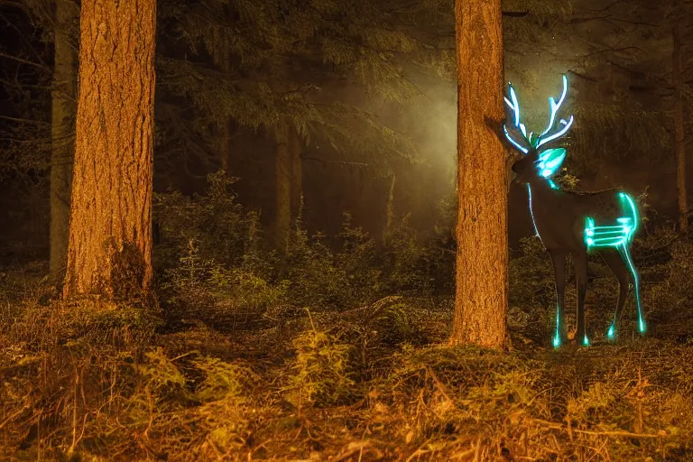 Image similar to a glowing bioluminescent stag illuminates a creepy dark forest, night