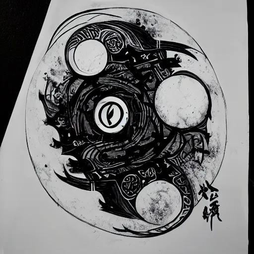 Image similar to daoist battle tank painted in white and black yinyang symbol blasting away at dystopia, cosmos backdrop, detailed pencil drawing by an alien from the future