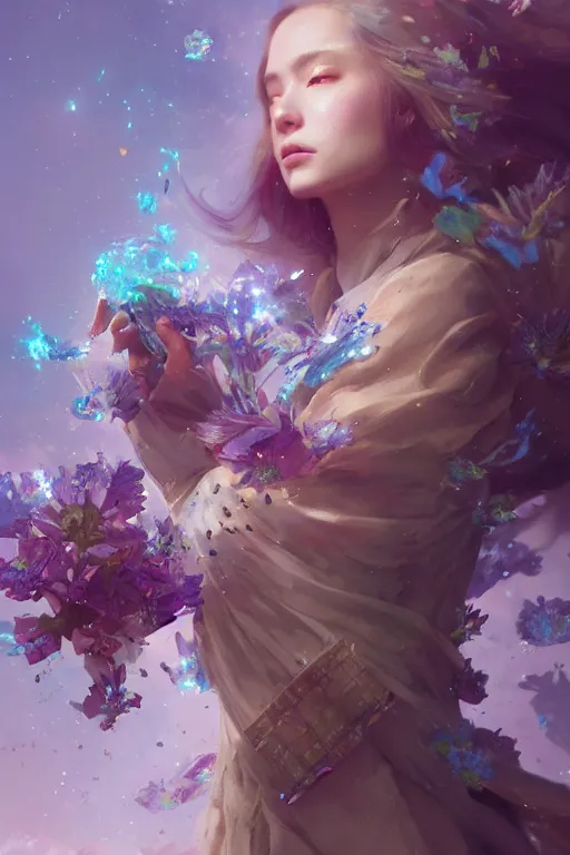 Image similar to beautiful girl covered with crystals exploding space, 3 d render, hyper realistic detailed portrait, holding magic flowers, ruan jia, wlop. scifi, fantasy, hyper detailed, octane render, concept art, peter mohrbacher