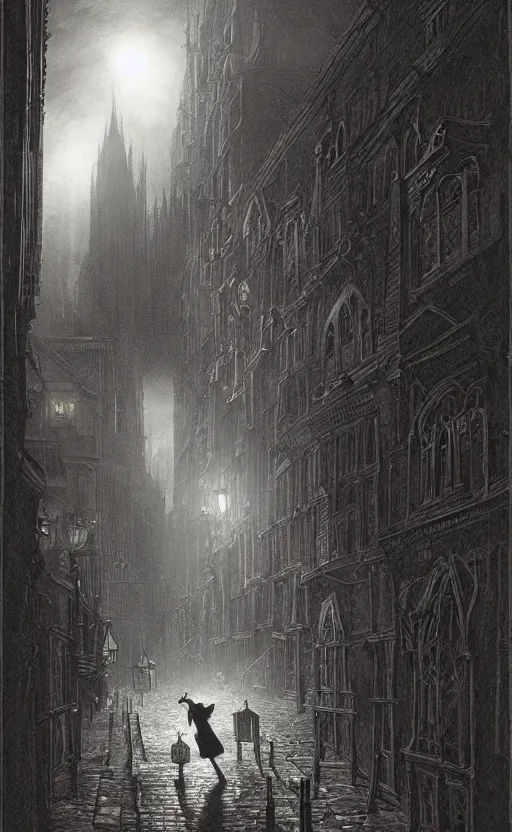 Image similar to A vampire lurks in the shadows of Victorian city in the night, illuminated by gas lamps, hyperdetailed, artstation trending, world renowned artists, worth1000.com, historic artworks society, antique renewel, cgsociety, by greg rutkowski, by Gustave Dore, Deviantart