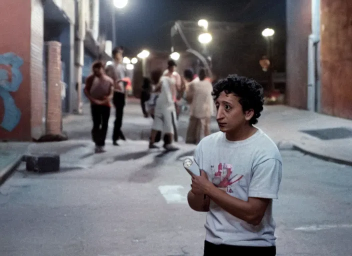 Image similar to First Official image from Cardboard, new drama film directed by Spike Jonze starring Tony Revolori as a Philadelphia b-boy in 1990 in the streets at night, shot on Kodak Vision 200T, stunning cinematography, light diffusion, film grain, 8k print, anamorphic lens.